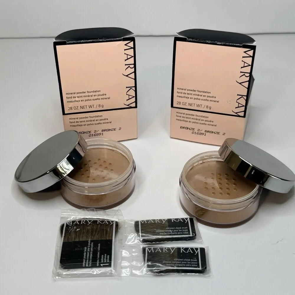2 NEW Mary Kay Mineral Powder Foundation BRONZE 2 .28 oz 016891 + 3 MK Brushes